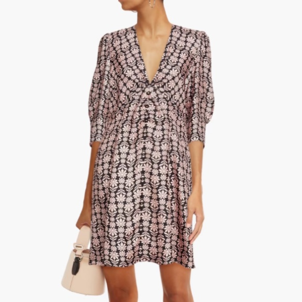 SANDRO Button-embellished floral-print silk-twill mini dress